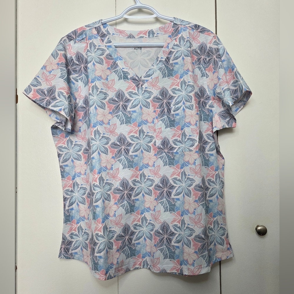 Womens Scrub Top Single Pocket Floral V-Neck Short Sleeve